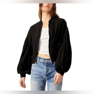 NWT FREE PEOPLE BLACK RELAXED FIT BOMBER JACKET WITH BALLOON SLEEVES XL